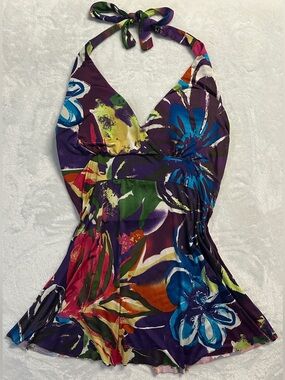 Y2K SUZY SHIER women's purple multi floral v-neck open back halter top, M.